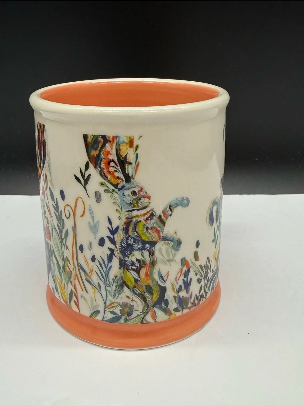 Anthropologie Dancing Hares Starla Halfmann Coral Gold Floral Bunny 14oz Mug Cup